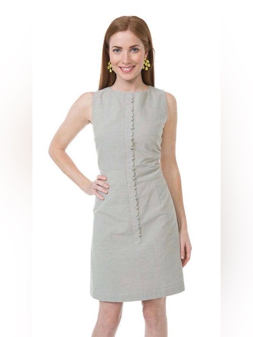 Southern Proper Sleeveless Tan / Beige Blue Striped Shift Dress
